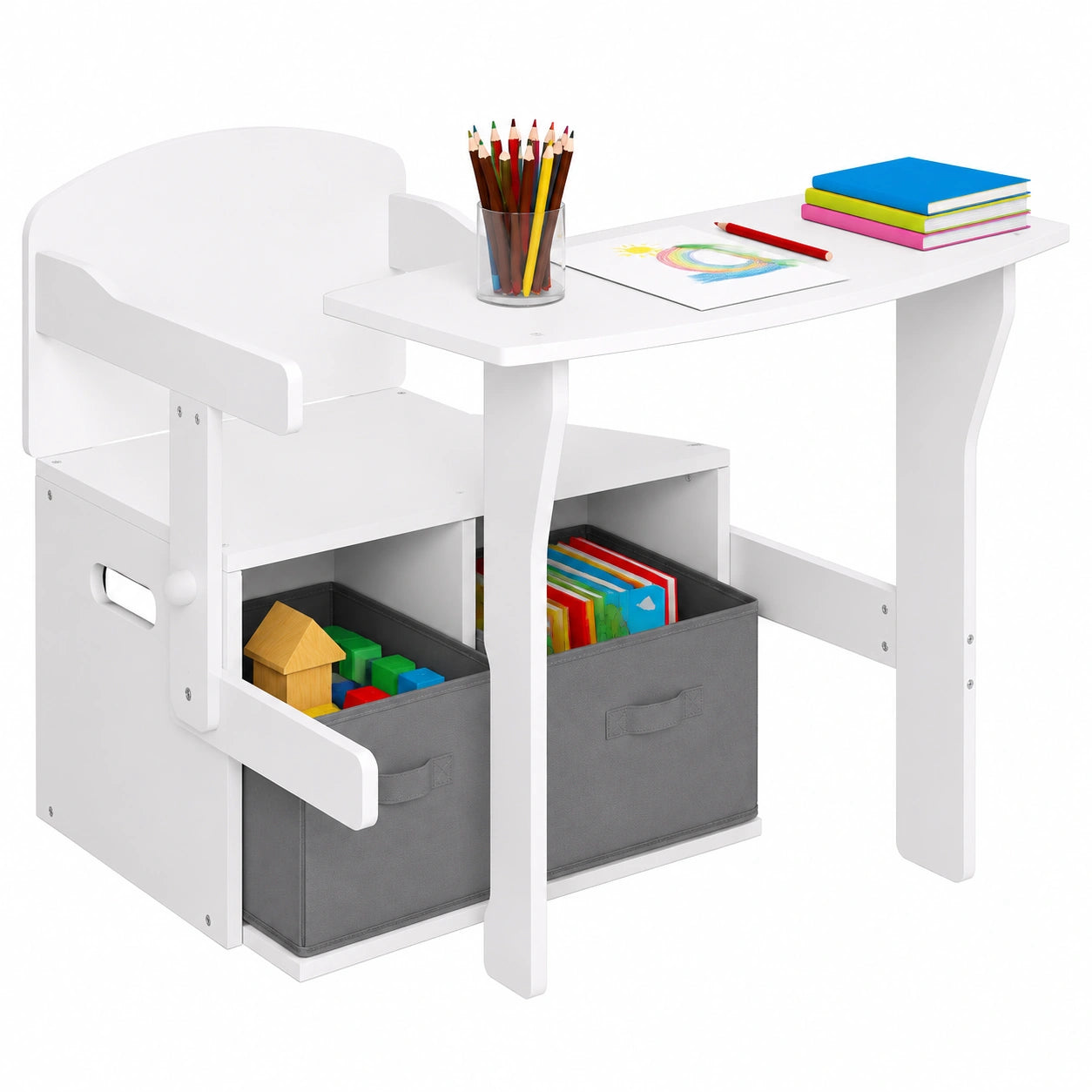 Lestarain Kindertisch und Truhenbank-Set, Multifunktionale Kindermöbel mit Stauraum, Weiß-Grau