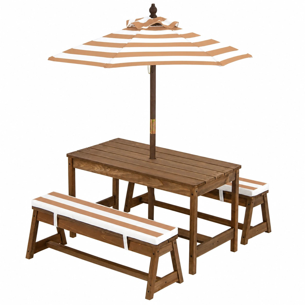 Kinder Picknicktisch aus Holz mit Bänken und Sonnenschirm, Gartenmöbel für außen, Sitzgruppe für Kinder, hellbraun