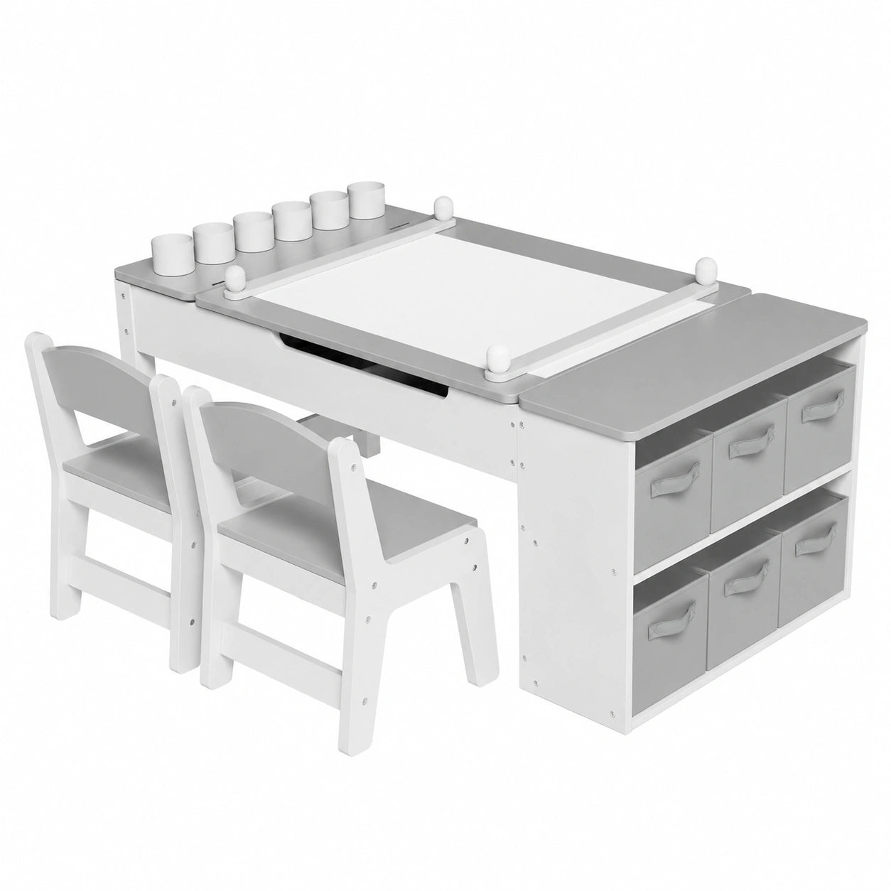 Grau Kindermöbel-Set: Tisch mit 2 Stühlen & Stauraum
