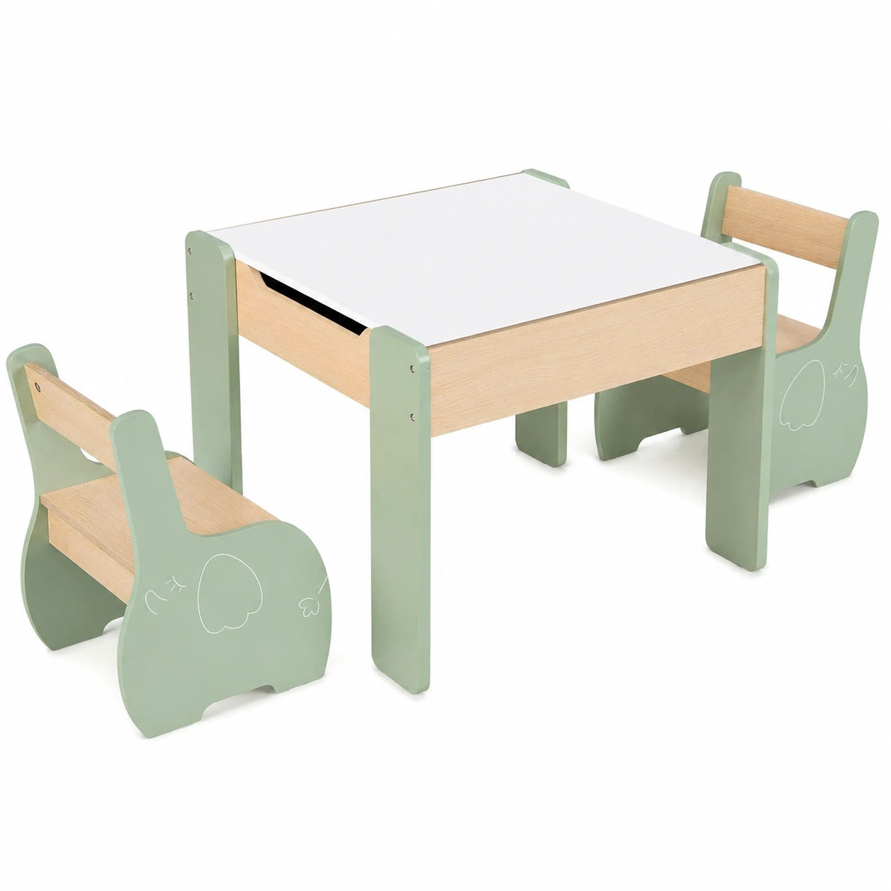 Kinderholztisch-Set mit 2 Stühlen, abnehmbare und wendbare Tischplatte, grün