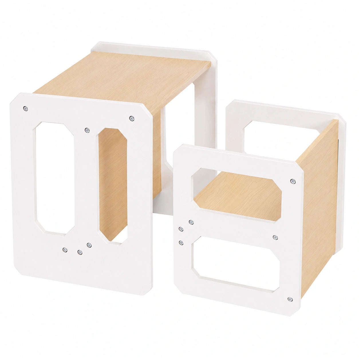 Yorbay Kinderschreibtisch-Set mit Stühlen, 3-in-1 wandelbare Sitzgruppe, Hocker und Bank, Natürliche Kindermöbel, Größe M