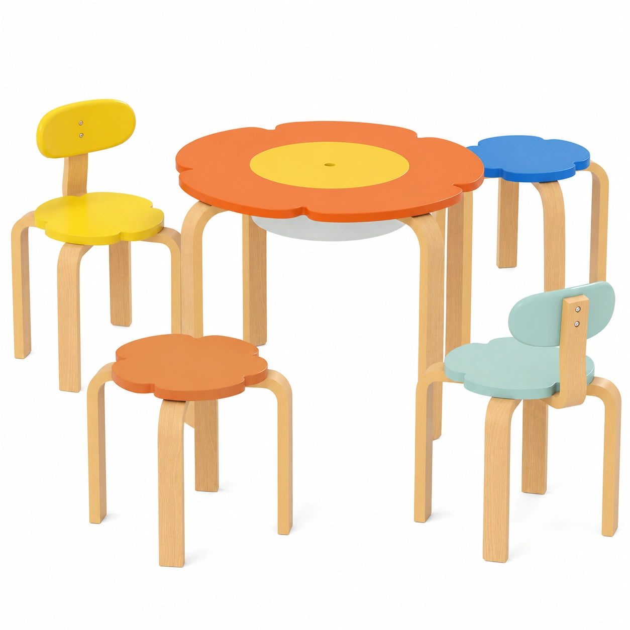 Bunte 5-teilige Kinder-Sitzgruppe mit Stauraum: Blumige Holz-Kindermöbel für Kinderzimmer, Alter 3-8 Jahre