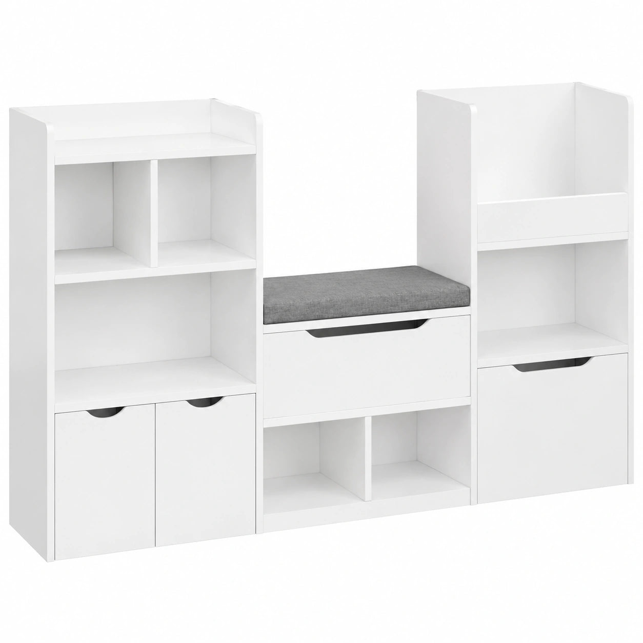 FOREHILL Kinderregal mit Sitzbank und Aufbewahrungsboxen, Spielzeug- und Bücherregal, 3 Ebenen, Weiß, 183,5x94,5x29,8 cm