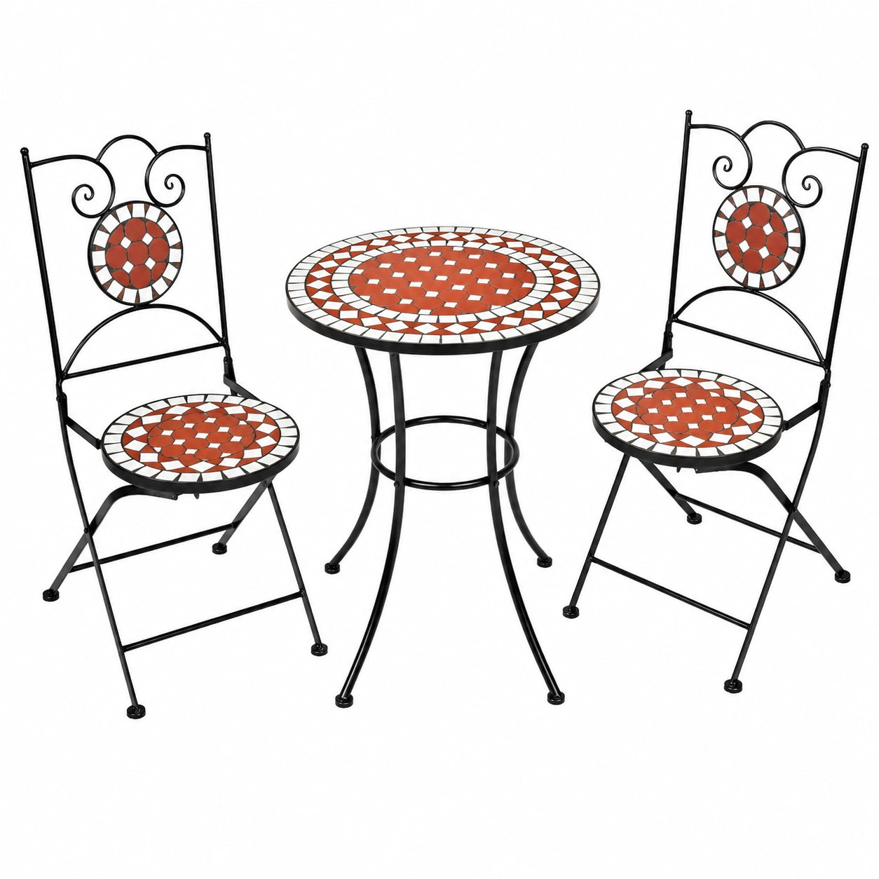 Terracotta Mosaik Bistro-Set: Runder Beistelltisch mit 2 Stühlen, wetterfeste Balkon- und Gartenmöbel