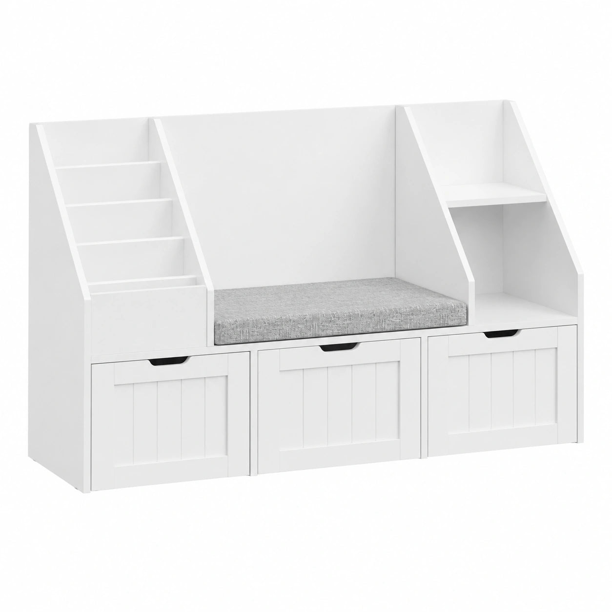 Kinderzimmer Bücherregal mit Sitzbank und Aufbewahrung, 4 Ebenen, Weiß