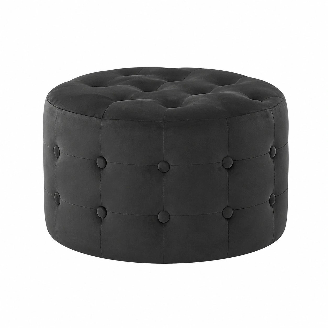Runder schwarzer Samt-Pouf mit dekorativer Steppung – Moderner Stil