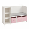 Kinderbank mit Regal und Aufbewahrungsboxen für das Kinderzimmer, Weiß/Rosa, 76x112x40 cm